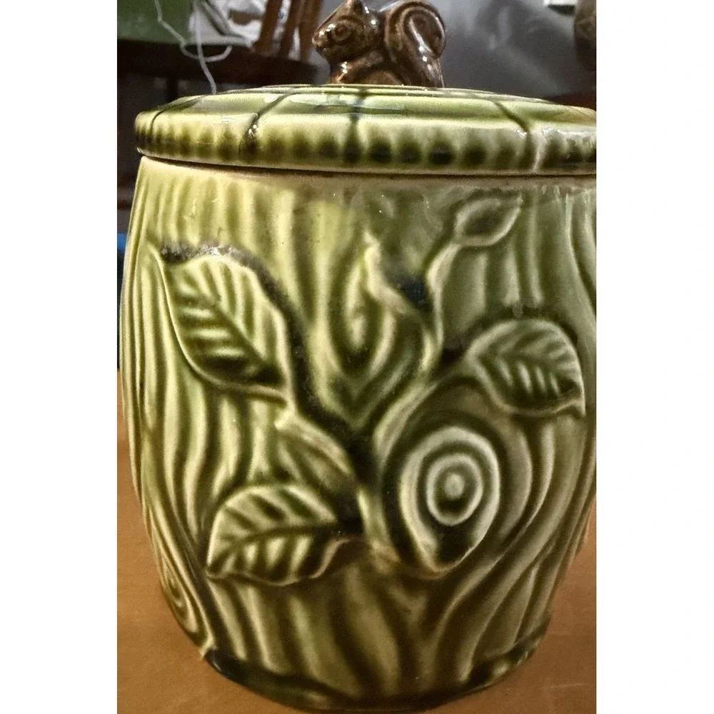 Woodland Deer Cookie Jar Ceramic Green Glaze Squirrel Lid Forest Canister Vtg